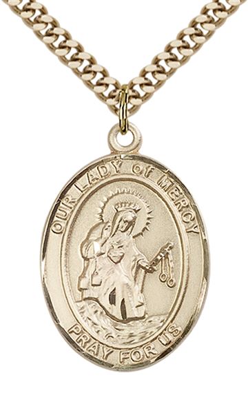 14KT GOLD FILLED OUR LADY OF MERCY PENDANT WITH CHAIN - 1" x 3/4"