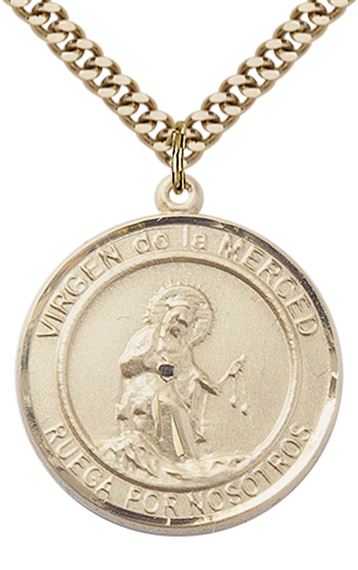 GOLD FILLED VIRGEN DE LA MERCE PENDANT ON A CHAIN - 1" x 7/8"