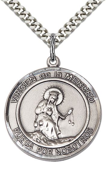 STERLING SILVER VIRGEN DE LA MERCE PENDANT WITH CHAIN - 1" x 7/8"