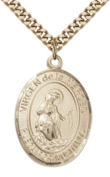 GOLD FILLED VIRGEN DE LA MERCED PENDANT ON A CHAIN - 1" x 3/4"