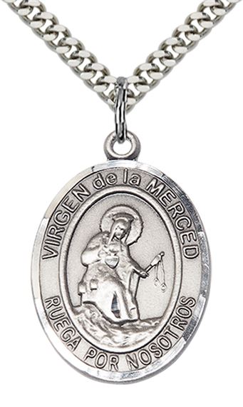 STERLING SILVER VIRGEN DE LA MERCED PENDANT WITH CHAIN - 1" x 3/4"