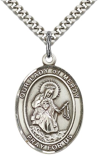 STERLING SILVER OUR LADY OF MERCY PENDANT WITH CHAIN - 1" x 3/4"