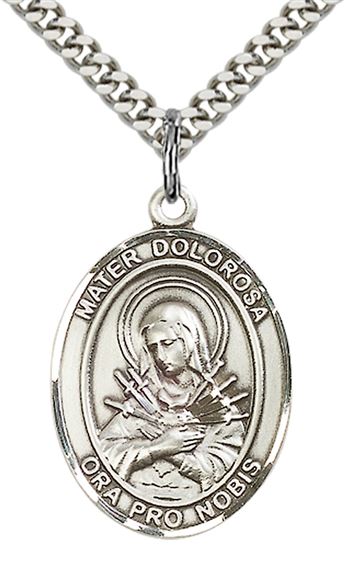 STERLING SILVER MATER DOLOROSA PENDANT WITH CHAIN - 1" x 3/4"