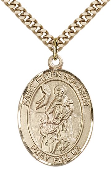 14KT GOLD FILLED ST PETER NOLASCO PENDANT WITH CHAIN - 1" x 3/4"