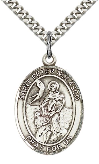STERLING SILVER ST PETER NOLASCO PENDANT WITH CHAIN - 1" x 3/4"