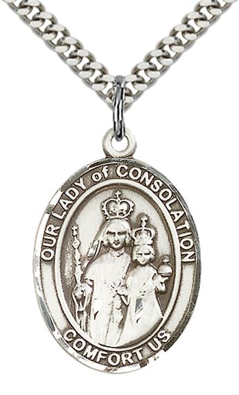 STERLING SILVER OUR LADY OF CONSOLATION PENDANT WITH CHAIN - 1" x 3/4"