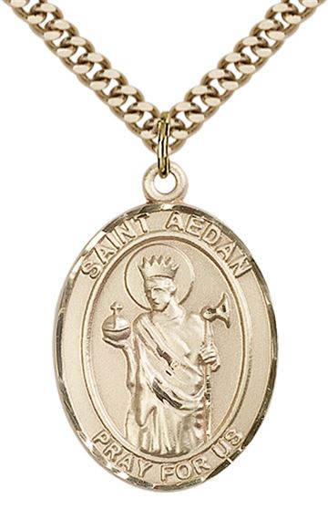 14KT GOLD FILLED ST AEDAN OF FERNS PENDANT WITH CHAIN - 1" x 3/4"
