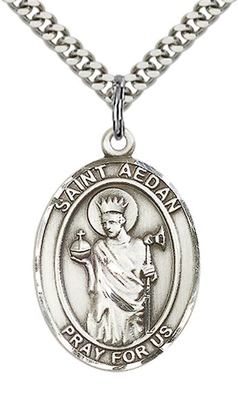 STERLING SILVER ST AEDAN OF FERNS PENDANT WITH CHAIN - 1" x 3/4"