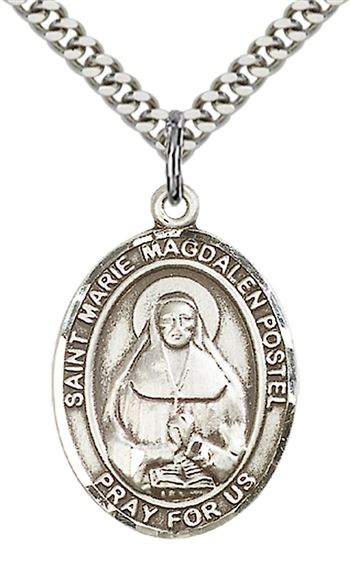 STERLING SILVER MARIE MAGDALEN POSTEL PENDANT WITH CHAIN - 1" x 3/4"