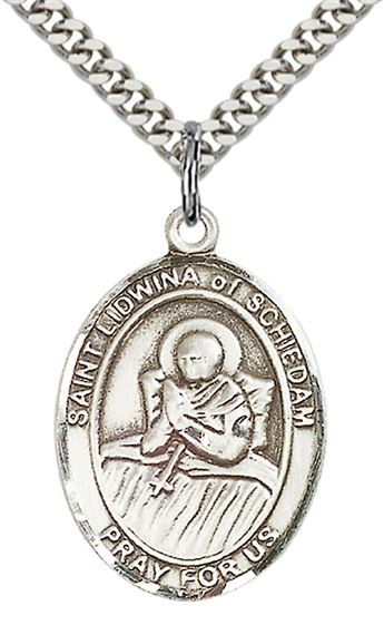 STERLING SILVER ST LIDWINA OF SCHIEDAM PENDANT WITH CHAIN - 1" x 3/4"