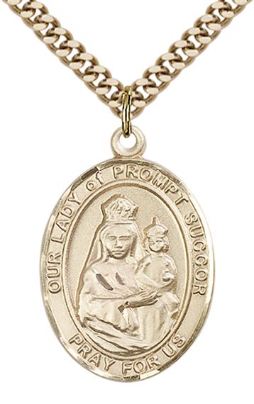 14KT GOLD FILLED OUR LADY OF PROMPT SUCCOR PENDANT WITH CHAIN - 1" x 3/4"