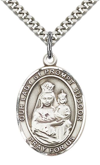 STERLING SILVER OUR LADY OF PROMPT SUCCOR PENDANT WITH CHAIN - 1" x 3/4"