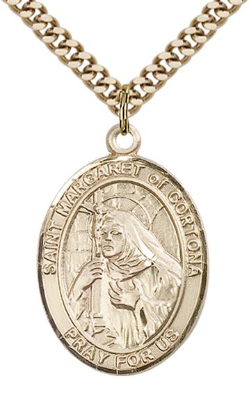 14KT GOLD FILLED ST MARGARET OF CORTONA PENDANT WITH CHAIN - 1" x 3/4"