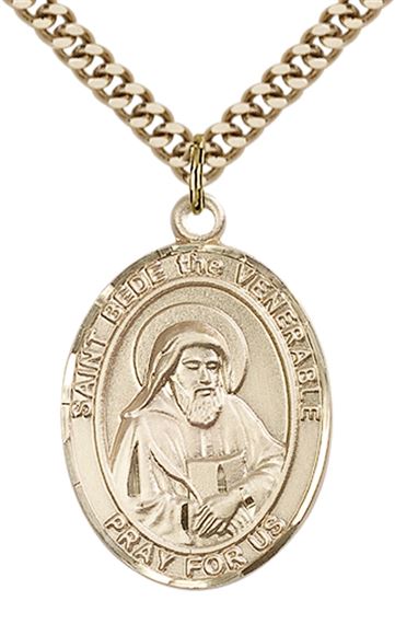 14KT GOLD FILLED ST BEDE THE VENERABLE PENDANT WITH CHAIN - 1" x 3/4"