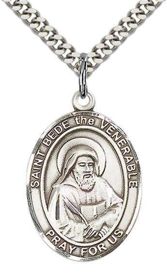 STERLING SILVER ST BEDE THE VENERABLE PENDANT WITH CHAIN - 1" x 3/4"