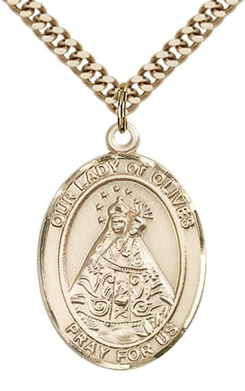 14KT GOLD FILLED OUR LADY OF OLIVES PENDANT WITH CHAIN - 1" x 3/4"