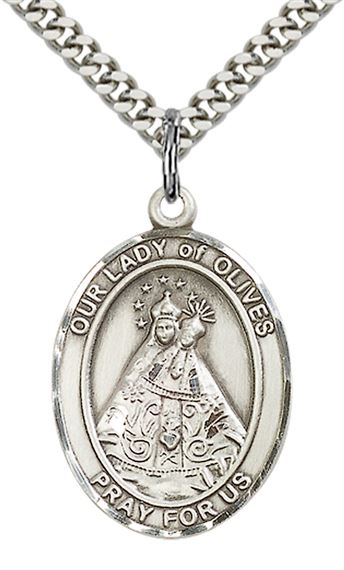 STERLING SILVER OUR LADY OF OLIVES PENDANT WITH CHAIN - 1" x 3/4"