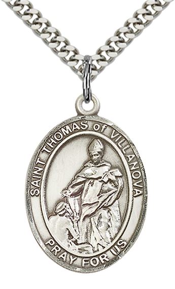 STERLING SILVER ST THOMAS OF VILLANOVA PENDANT WITH CHAIN - 1" x 3/4"