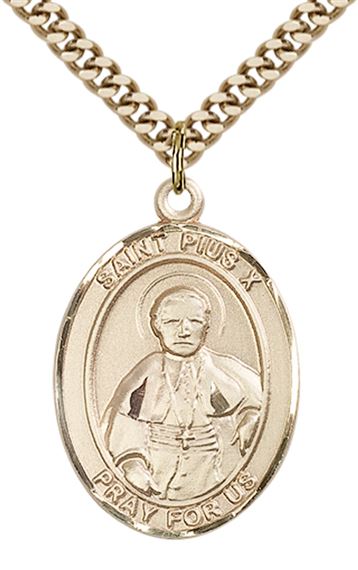 14KT GOLD FILLED ST PIUS X PENDANT WITH CHAIN - 1" x 3/4"