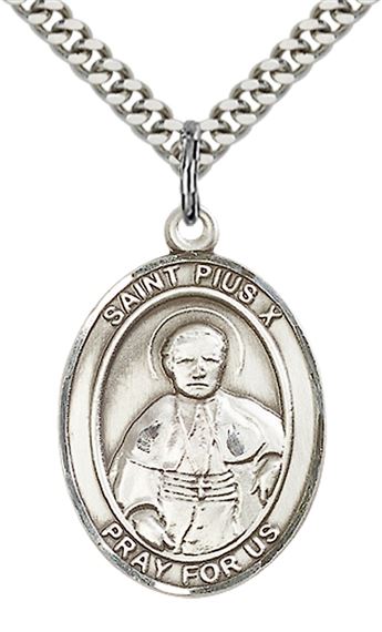 STERLING SILVER ST PIUS X PENDANT WITH CHAIN - 1" x 3/4"