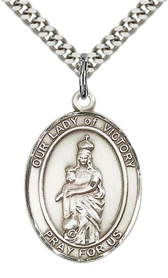 STERLING SILVER OUR LADY OF VICTORY PENDANT WITH CHAIN - 1" x 3/4"