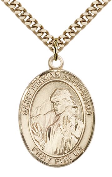14KT GOLD FILLED ST FINNIAN OF CLONARD PENDANT WITH CHAIN - 1" x 3/4"
