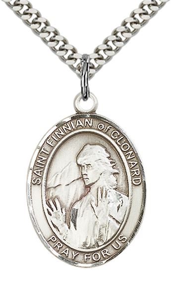 STERLING SILVER ST FINNIAN OF CLONARD PENDANT WITH CHAIN - 1" x 3/4"