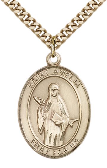 14KT GOLD FILLED ST AMELIA PENDANT WITH CHAIN - 1" x 3/4"