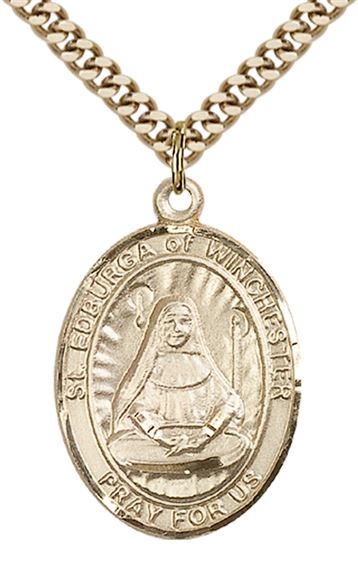 14KT GOLD FILLED ST EDBURGA OF WINCHESTER PENDANT WITH CHAIN - 1" x 3/4"