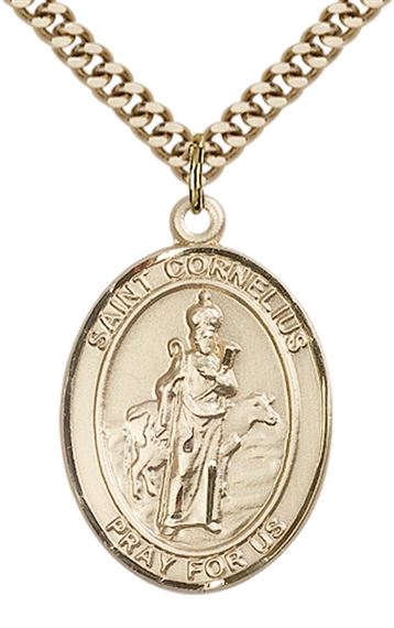 14KT GOLD FILLED ST CORNELIUS PENDANT WITH CHAIN - 1" x 3/4"