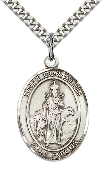 STERLING SILVER ST CORNELIUS PENDANT WITH CHAIN - 1" x 3/4"