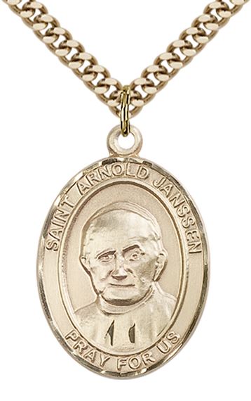 14KT GOLD FILLED ST ARNOLD JANSSEN PENDANT WITH CHAIN - 1" x 3/4"