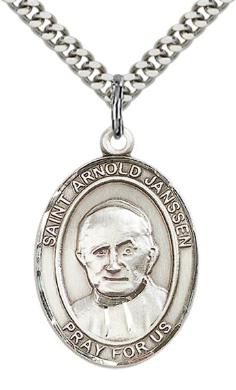 STERLING SILVER ST ARNOLD JANSSEN PENDANT WITH CHAIN - 1" x 3/4"
