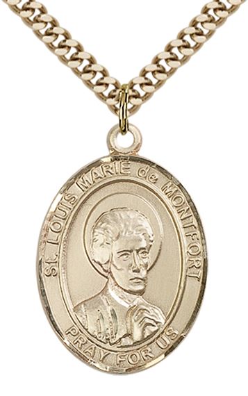 14KT GOLD FILLED ST LOUIS MARIE DE MONTFORT PENDANT WITH CHAIN - 1" x 3/4"