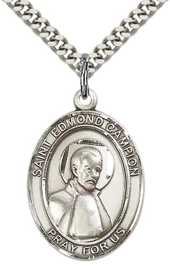 STERLING SILVER ST EDMUND CAMPION PENDANT WITH CHAIN - 1" x 3/4"