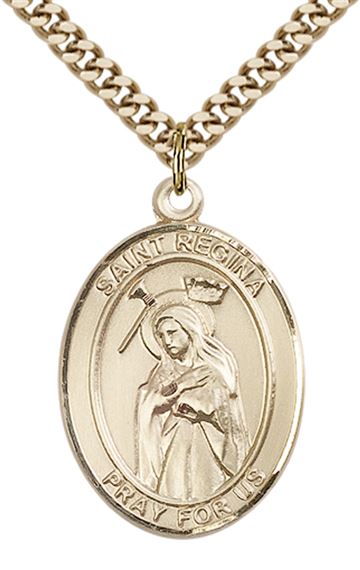 14KT GOLD FILLED ST REGINA PENDANT WITH CHAIN - 1" x 3/4"