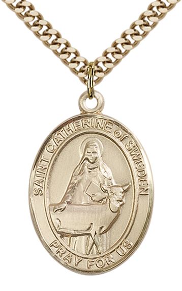 14KT GOLD FILLED ST CATHERINE OF SWEDEN PENDANT WITH CHAIN - 1" x 3/4"