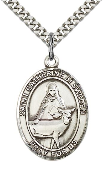 STERLING SILVER ST CATHERINE OF SWEDEN PENDANT WITH CHAIN - 1" x 3/4"
