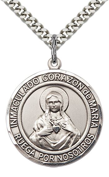 STERLING SILVER CORAZON INMACULADO DE MARIA PENDANT WITH CHAIN - 1" x 7/8"