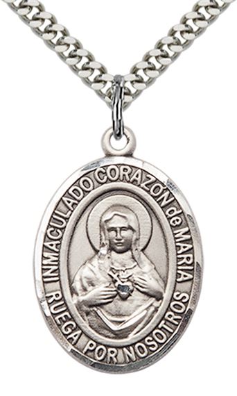 STERLING SILVER CORAZON INMACULADO DE MARIA PENDANT WITH CHAIN - 1" x 3/4"