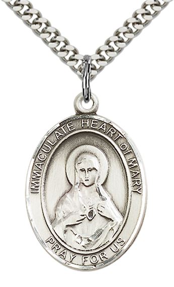STERLING SILVER IMMACULATE HEART OF MARY PENDANT WITH CHAIN - 1" x 3/4"