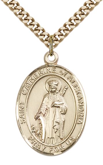 14KT GOLD FILLED ST CATHERINE OF ALEXANDRIA PENDANT WITH CHAIN - 1" x 3/4"