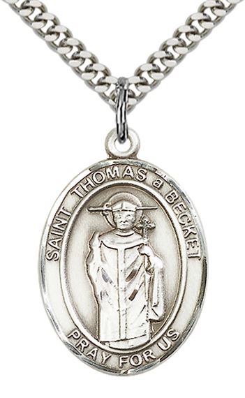 STERLING SILVER ST THOMAS A BECKET PENDANT WITH CHAIN - 1" x 3/4"