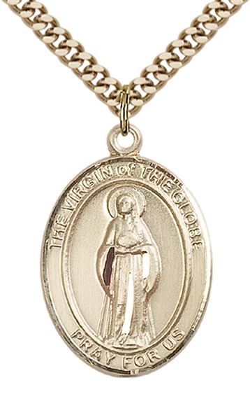 14KT GOLD FILLED VIRGIN OF THE GLOBE PENDANT WITH CHAIN - 1" x 3/4"