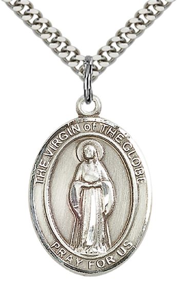 STERLING SILVER VIRGIN OF THE GLOBE PENDANT WITH CHAIN - 1" x 3/4"