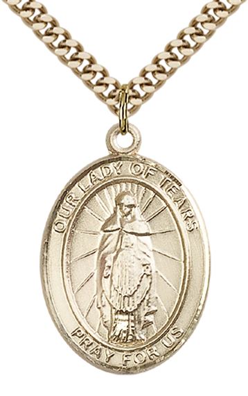 14KT GOLD FILLED OUR LADY OF TEARS PENDANT WITH CHAIN - 1" x 3/4"
