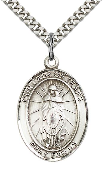 STERLING SILVER OUR LADY OF TEARS PENDANT WITH CHAIN - 1" x 3/4"