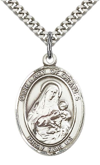 STERLING SILVER OUR LADY OF GRAPES PENDANT WITH CHAIN - 1" x 3/4"