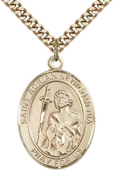14KT GOLD FILLED ST ADRIAN OF NICOMEDIA PENDANT WITH CHAIN - 1" x 3/4"