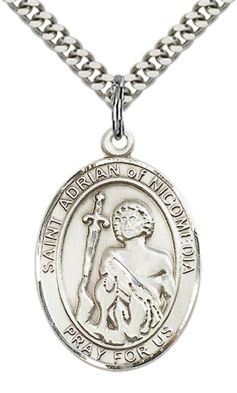 STERLING SILVER ST ADRIAN OF NICOMEDIA PENDANT WITH CHAIN - 1" x 3/4"
